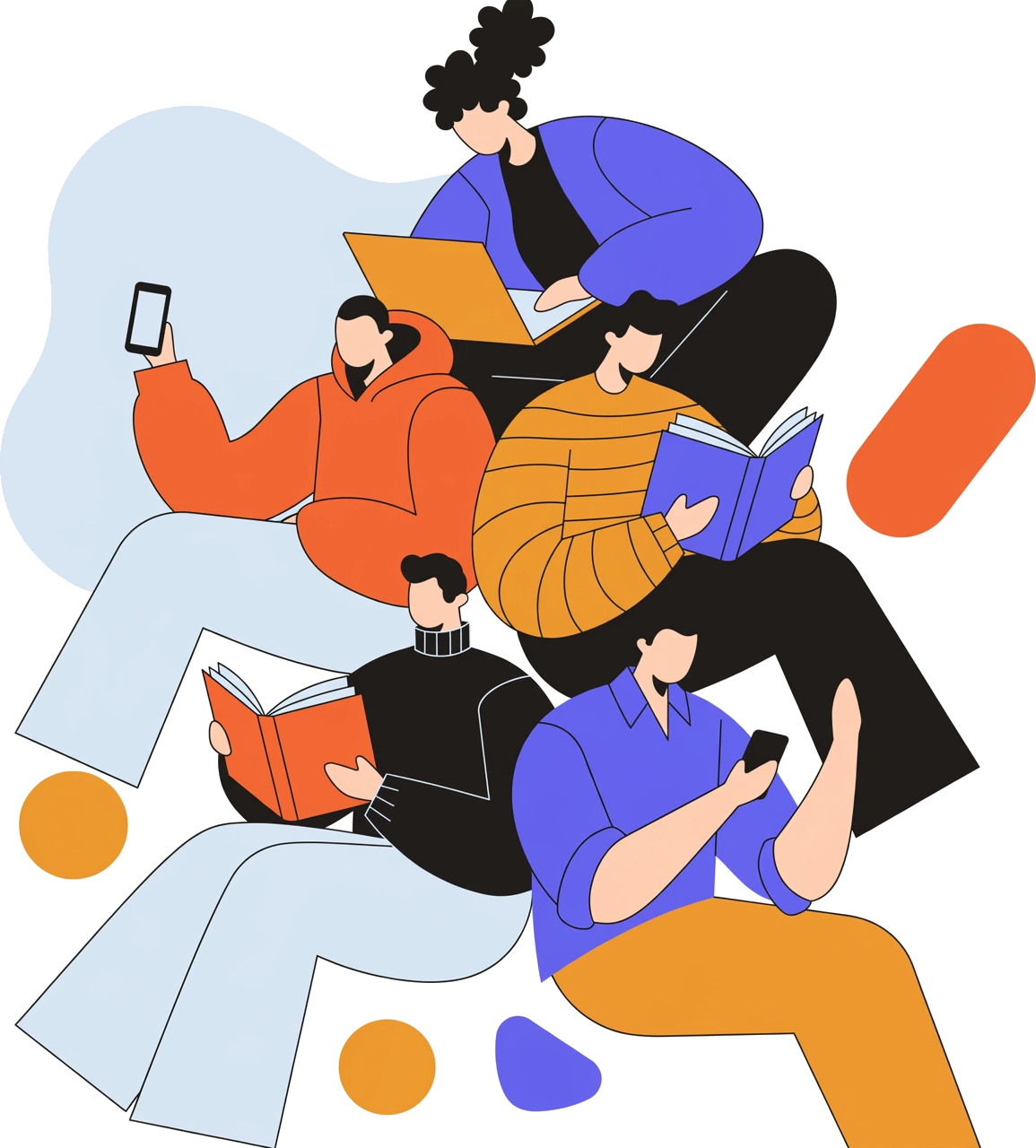 Grupo de personas leyendo libros y usando dispositivos